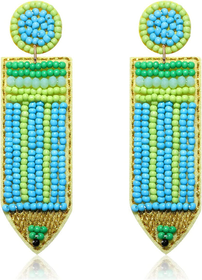 Beaded Pencil Earrings Teacher Earrings for Women Girls Handmade Funny Pencil Drop Dangle Earrings for Teachers Appreciation Day Back to School Creative Jewelry Gifts Yellow Blue