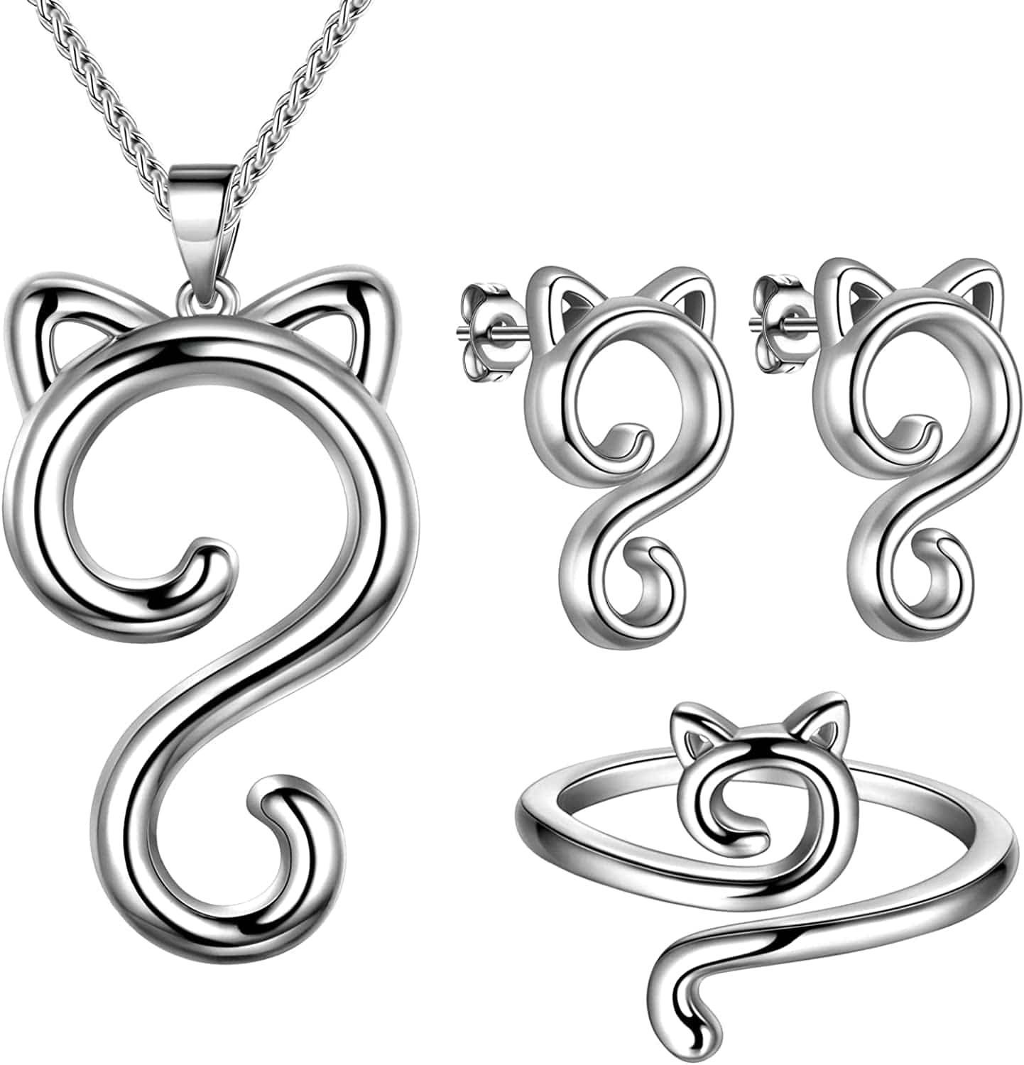 Beautlace Cute Cat Adjustable Rings 18K Gold/Silver/Black Gun Plated Lovely Cats Animals Open Ring Jewelry for Women KR0029 Silver-plated-base / necklace/earring/ring set