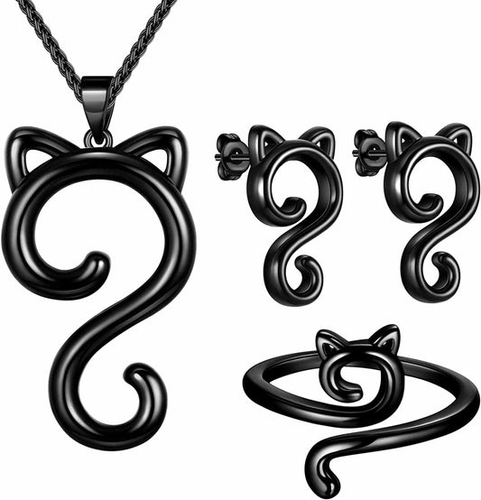 Beautlace Cute Cat Adjustable Rings 18K Gold/Silver/Black Gun Plated Lovely Cats Animals Open Ring Jewelry for Women KR0029 Black gun plated / necklace/earring/ring set