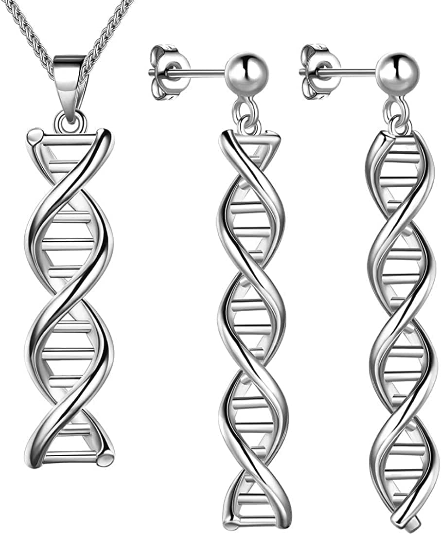 Beautlace DNA Double Helix Chemistry Science Molecule Biology Necklace and Earrings Jewelry Set Silver/18K Gold/Black Gun Plated Jewelry for Women and Girls Silver-plated-base / Silver