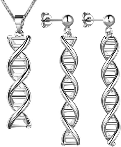 Beautlace DNA Double Helix Chemistry Science Molecule Biology Necklace and Earrings Jewelry Set Silver/18K Gold/Black Gun Plated Jewelry for Women and Girls Silver-plated-base / Silver