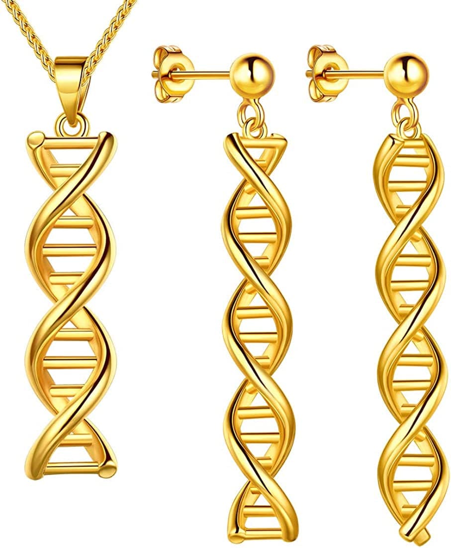 Beautlace DNA Double Helix Chemistry Science Molecule Biology Necklace and Earrings Jewelry Set Silver/18K Gold/Black Gun Plated Jewelry for Women and Girls 18K gold-plated-base / Silver