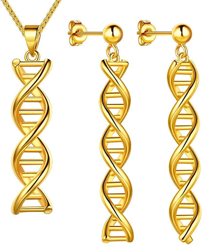 Beautlace DNA Double Helix Chemistry Science Molecule Biology Necklace and Earrings Jewelry Set Silver/18K Gold/Black Gun Plated Jewelry for Women and Girls 18K gold-plated-base / Silver