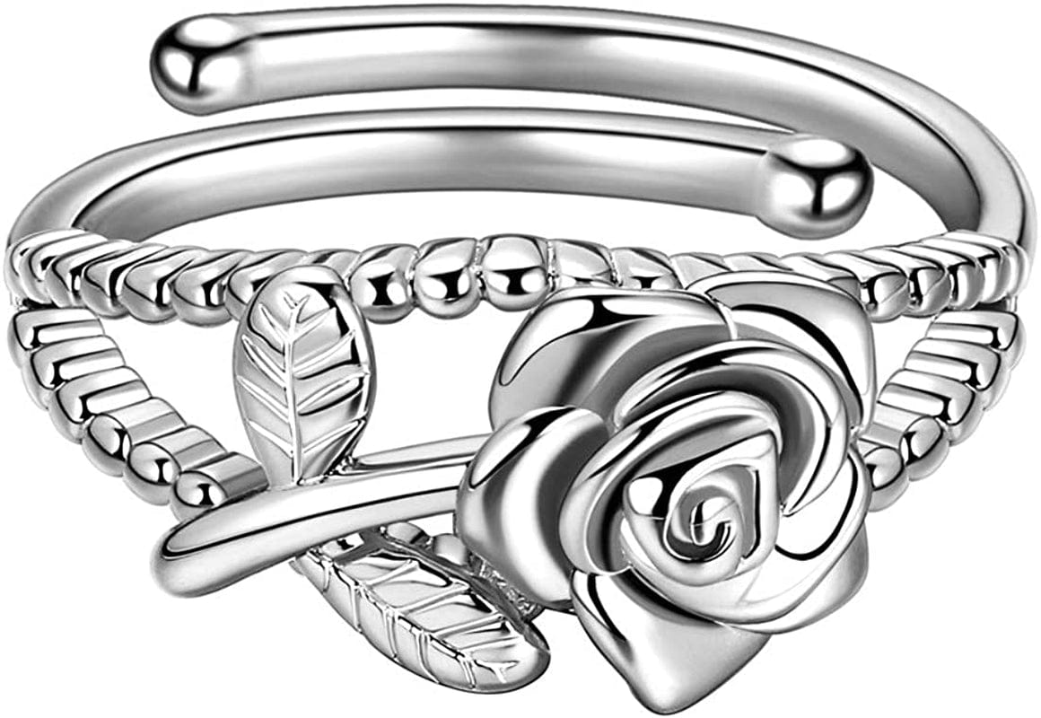 Beautlace Rose Necklaces/Adjustable Rings Silver/18K Gold/Black Gun Plated Flower Pendant/Open Ring Elegant Jewelry Gifts for Women Silver-plated-base / rings