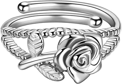 Beautlace Rose Necklaces/Adjustable Rings Silver/18K Gold/Black Gun Plated Flower Pendant/Open Ring Elegant Jewelry Gifts for Women Silver-plated-base / rings