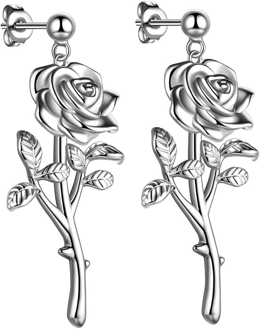Beautlace Rose Necklaces/Adjustable Rings Silver/18K Gold/Black Gun Plated Flower Pendant/Open Ring Elegant Jewelry Gifts for Women Silver-plated-base / stud earring