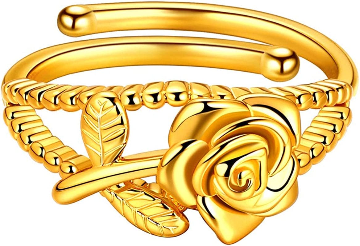 Beautlace Rose Necklaces/Adjustable Rings Silver/18K Gold/Black Gun Plated Flower Pendant/Open Ring Elegant Jewelry Gifts for Women 18K gold-plated-base / Silver