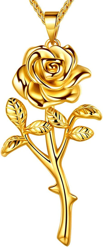 Beautlace Rose Necklaces/Adjustable Rings Silver/18K Gold/Black Gun Plated Flower Pendant/Open Ring Elegant Jewelry Gifts for Women 18K gold-plated-base / necklace