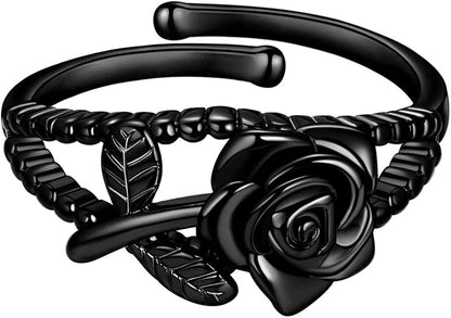 Beautlace Rose Necklaces/Adjustable Rings Silver/18K Gold/Black Gun Plated Flower Pendant/Open Ring Elegant Jewelry Gifts for Women Black gun plated / rings