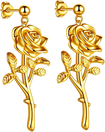 Beautlace Rose Necklaces/Adjustable Rings Silver/18K Gold/Black Gun Plated Flower Pendant/Open Ring Elegant Jewelry Gifts for Women 18K gold-plated-base / stud earring
