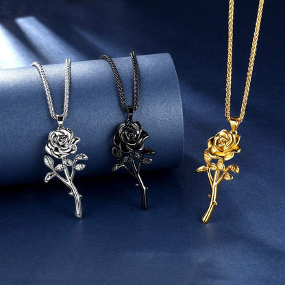 Beautlace Rose Necklaces/Adjustable Rings Silver/18K Gold/Black Gun Plated Flower Pendant/Open Ring Elegant Jewelry Gifts for Women
