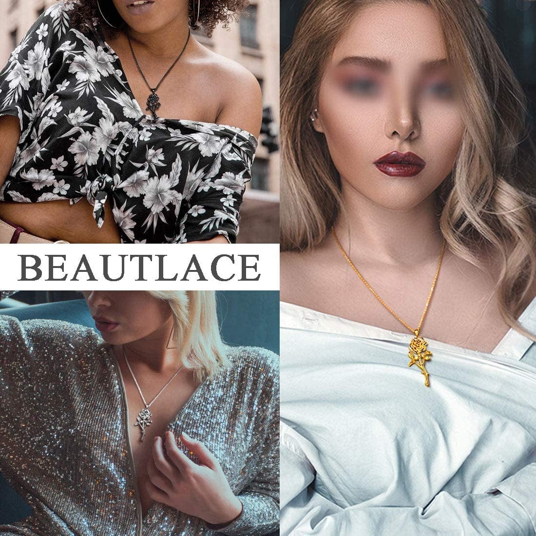 Beautlace Rose Necklaces/Adjustable Rings Silver/18K Gold/Black Gun Plated Flower Pendant/Open Ring Elegant Jewelry Gifts for Women