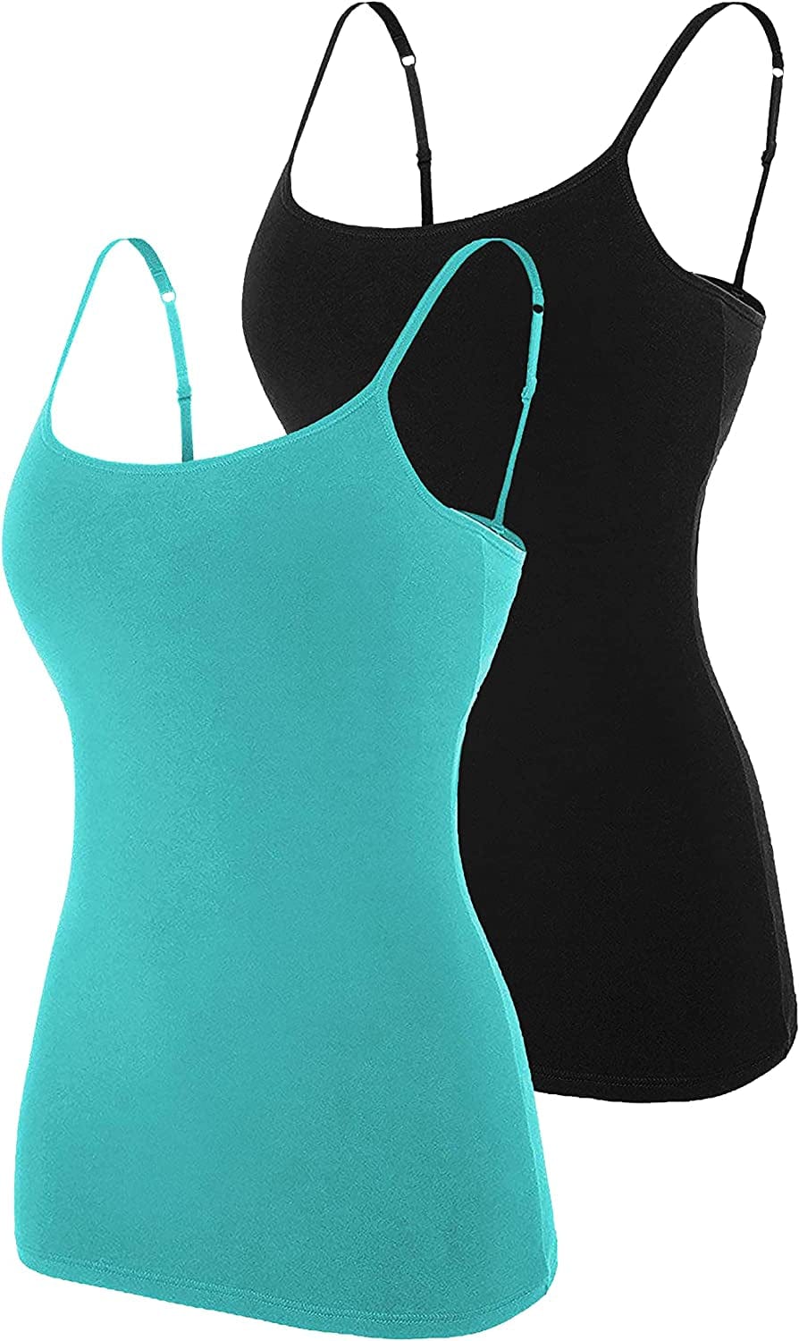 Beautyin Women'S Camisole with Shelf Bra Spaghetti Straps Cami Tanks Aqua/Black 2 Pack / X-Large