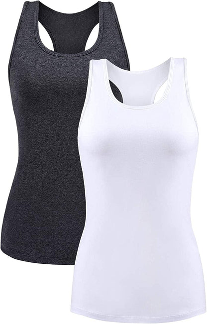 Beautyin Women Tank Top with Shelf Bra Racerback Workout Yoga Tops Undershirt Grey White/Shelf Bra / X-Large