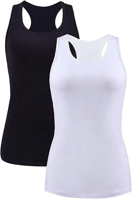 Beautyin Women Tank Top with Shelf Bra Racerback Workout Yoga Tops Undershirt Black White/Shelf Bra / XX-Large