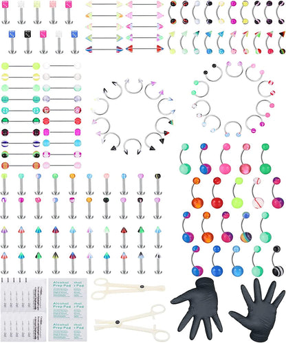 Ubjuliwa 148Pcs - 185Pcs Body Piercing Jewelry for All Piercings, Tongue Nipple Rings Eyebrow Lip Belly Button Barbell Nose Piercing Tragus Navel Body Jewelry for Women Piercings 14G-18G Apparel & Accessories > Jewelry > Body Jewelry Ubjuliwa style2  