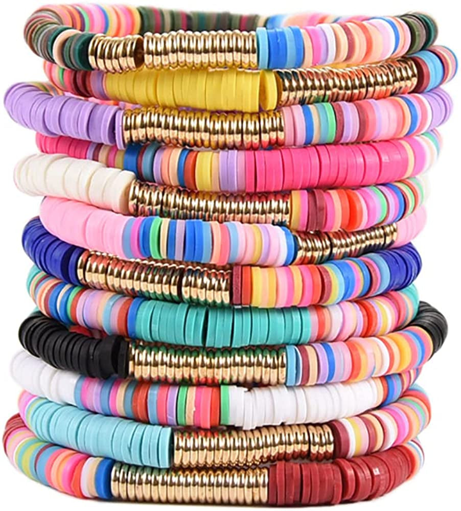 HYHONEY 12Pcs/Set Heishi Bracelet Surfer Bracelets for Women Stackable Clay Beaded Stretch Bracelets Elastic Layering Bracelets Boho Summer Beach Bracelets Jewelry Apparel & Accessories > Jewelry > Bracelets HYHONEY D  