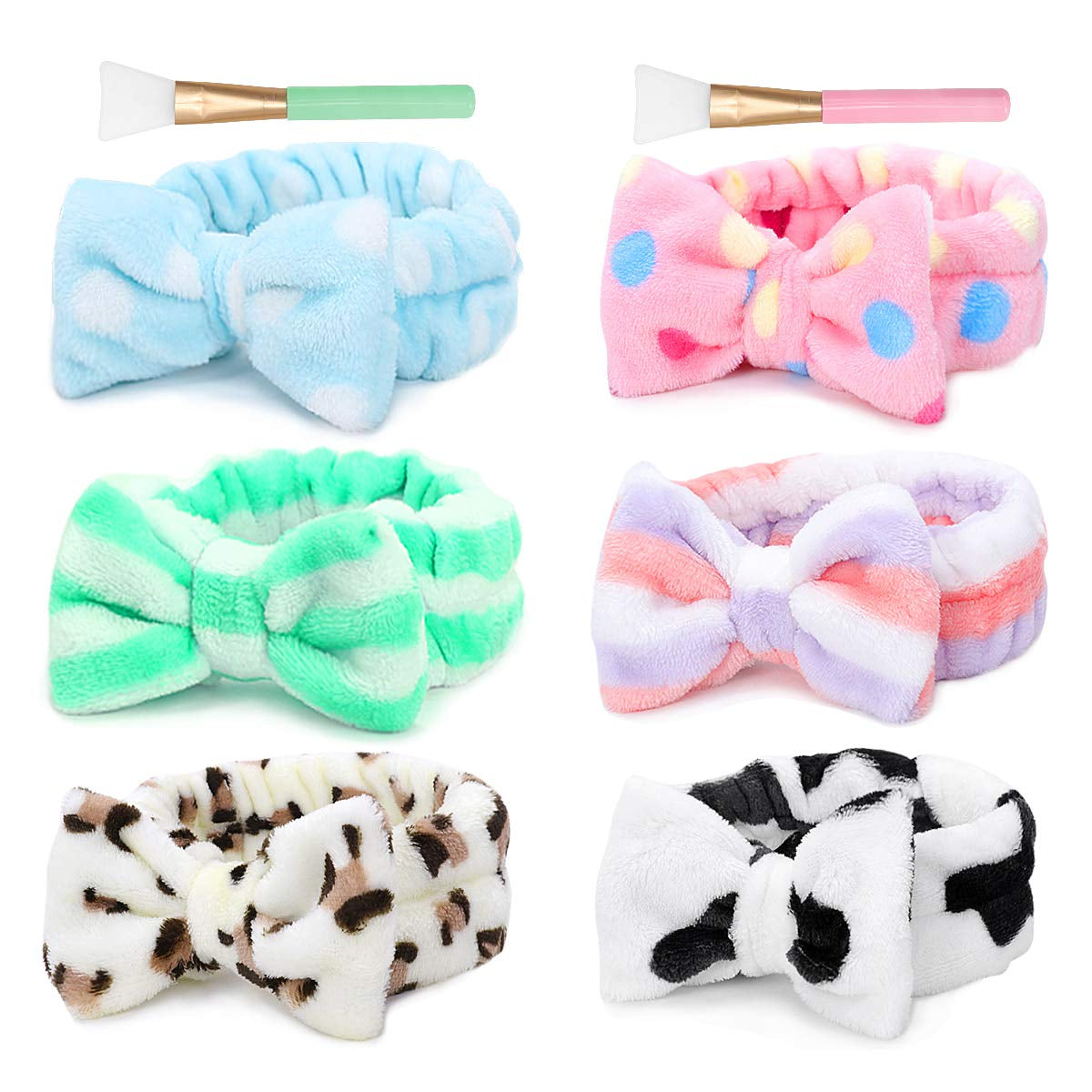 Spa Headband – 6 Pack Bow Hair Band Women Facial Makeup Head Band Soft Coral Fleece Head Wraps for Shower Washing Face Apparel & Accessories > Clothing Accessories > Bandanas & Headties LADES Multi-colored F  