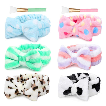 Spa Headband – 6 Pack Bow Hair Band Women Facial Makeup Head Band Soft Coral Fleece Head Wraps for Shower Washing Face Apparel & Accessories > Clothing Accessories > Bandanas & Headties LADES Multi-colored F  