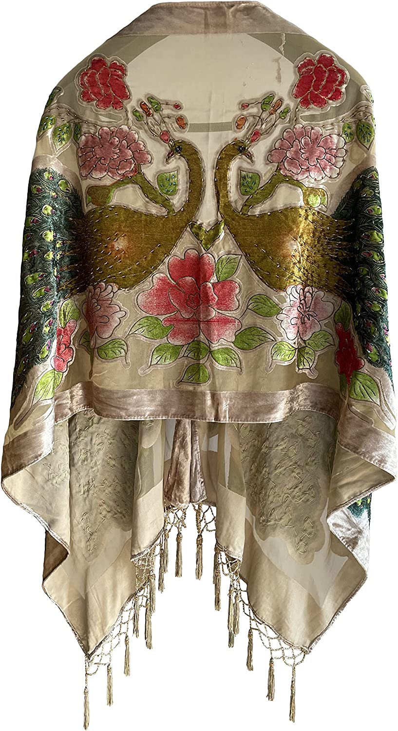 Peacock Velvet Shawl with Fringe Beaded Shawl for Women Peacock Scarf Handmade Beading Indian Wraps for Women with Tassel Apparel & Accessories > Clothing Accessories > Scarves & Shawls DQSSYTTX Camel  