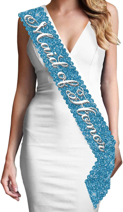 Blue Flirty Bride to Be Sash - Premium BRIDAL GRADE SATIN & Real CRYSTAL Rhinestone Bride to Be Satin Sash - Bachelorette Accessory Bride Gift - Classic Royal Blue Sash(Flrty B2B) Apparel & Accessories > Clothing Accessories > Sashes RhinestoneSash Maid of Honor (Turquoise Sparkle) One Size Fits Most 