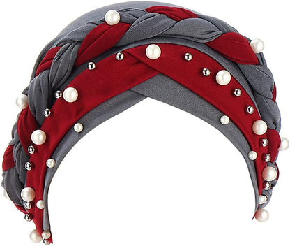 Fxhixiy Women Hijab Beading Pearl Braid Turban Hat Head Scarf Cancer Chemo Beanies Bandana Headwrap Cap Apparel & Accessories > Clothing Accessories > Headwear Fxhixiy Gray Wine  