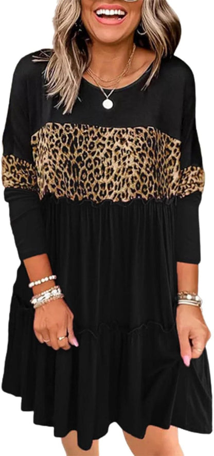 Bellelily Women Long Sleeve Loose Fit Ruffled Dress Leopard Color Block round Neck Tiered Casual Swing Tunic Mini Dresses Black / Small