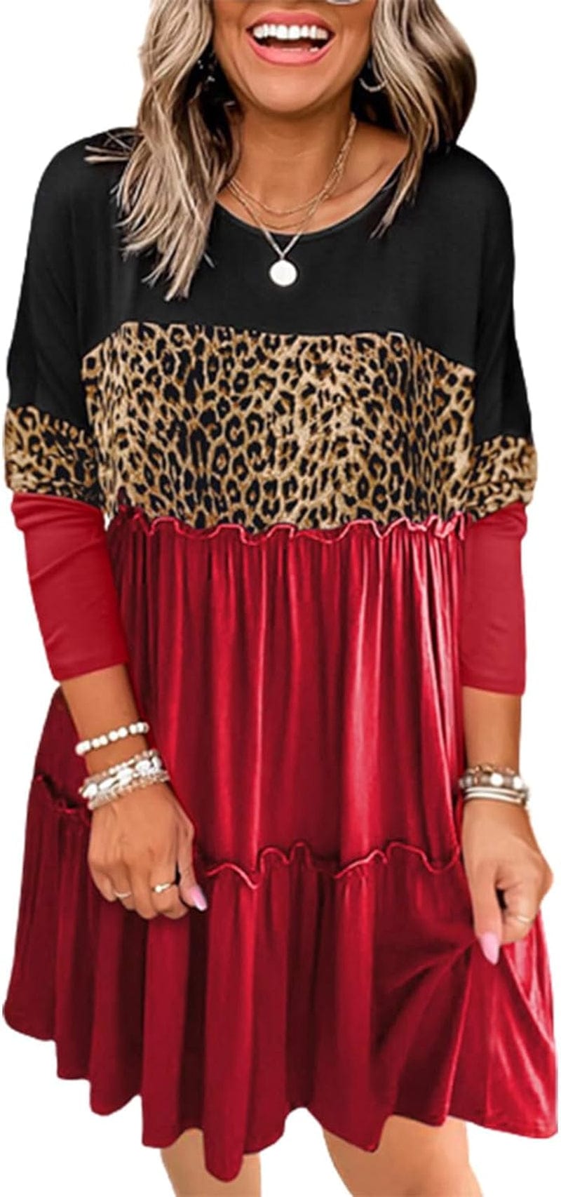 Bellelily Women Long Sleeve Loose Fit Ruffled Dress Leopard Color Block round Neck Tiered Casual Swing Tunic Mini Dresses Red / Large