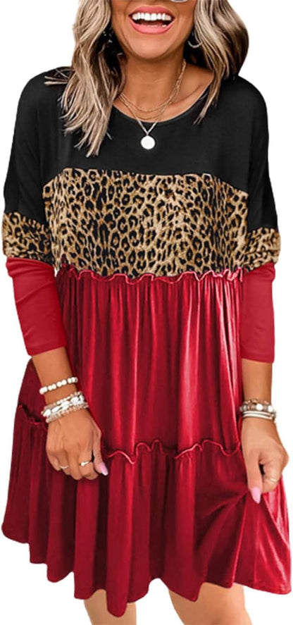 Bellelily Women Long Sleeve Loose Fit Ruffled Dress Leopard Color Block round Neck Tiered Casual Swing Tunic Mini Dresses Red / Large