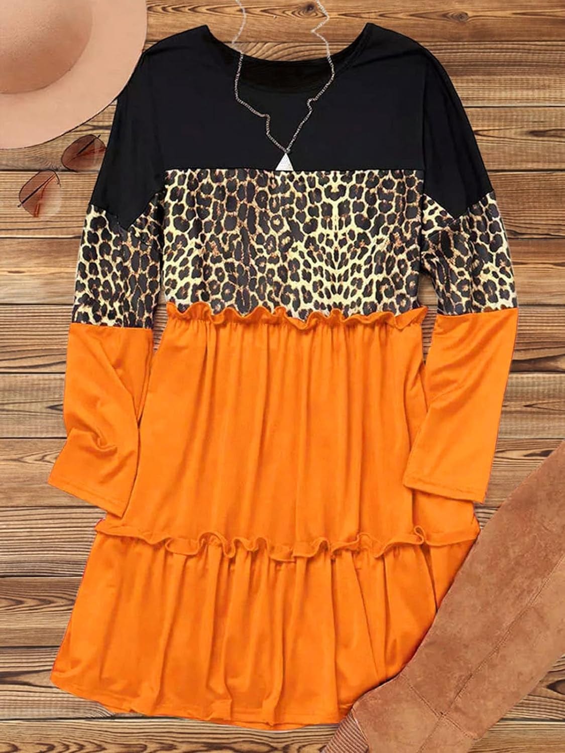 Bellelily Women Long Sleeve Loose Fit Ruffled Dress Leopard Color Block round Neck Tiered Casual Swing Tunic Mini Dresses