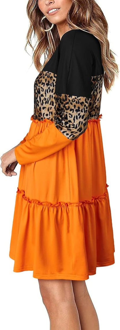 Bellelily Women Long Sleeve Loose Fit Ruffled Dress Leopard Color Block round Neck Tiered Casual Swing Tunic Mini Dresses