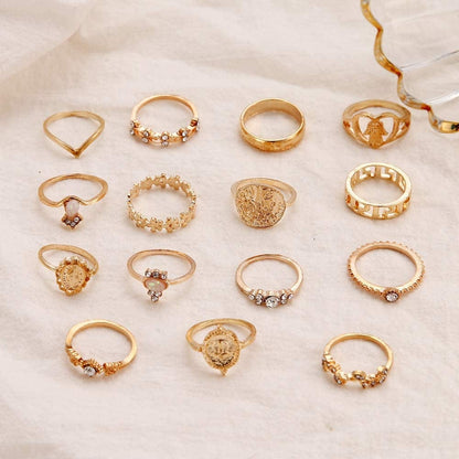 BERYUAN Rings Crystal Rings for Women Rings for Teen Girls Gold Rings Womens Rings Cute Rings Stackable Rings Set（15Pcs)(Rings Size 5 6 7 8 9)