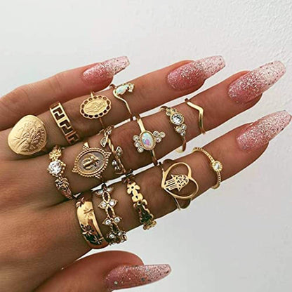BERYUAN Rings Crystal Rings for Women Rings for Teen Girls Gold Rings Womens Rings Cute Rings Stackable Rings Set（15Pcs)(Rings Size 5 6 7 8 9)