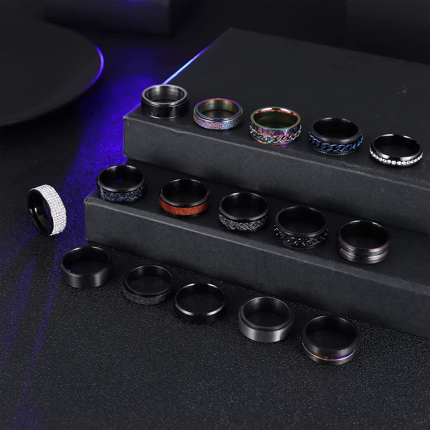 BESTEEL 16Pcs Stainless Steel Band Rings for Men Women Fidget Anxiety Relief Rings Cool Chain Beveled Edges Celtic Black Band Spinner Rings Set for Wedding Promise Mens Rings Pack