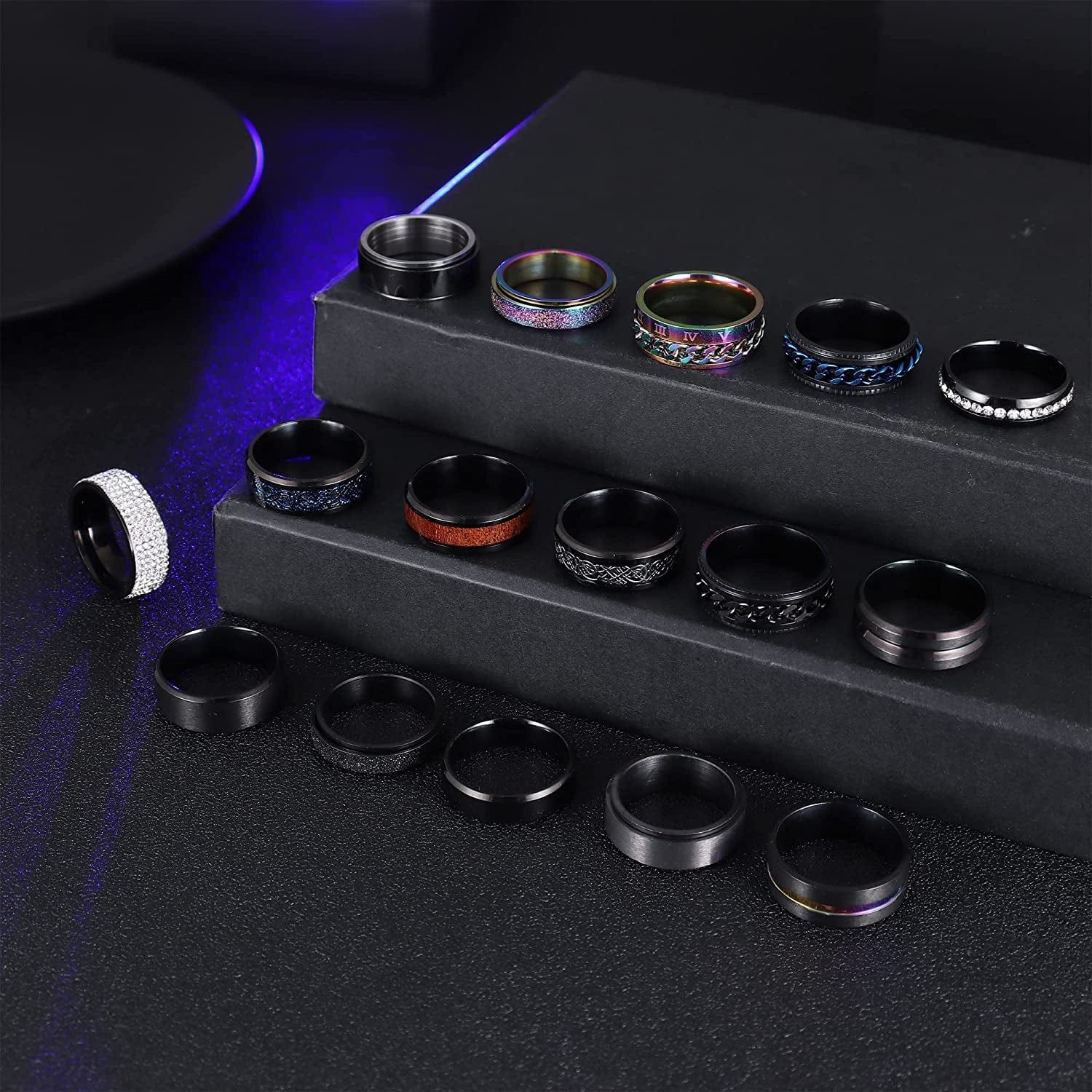 BESTEEL 16Pcs Stainless Steel Band Rings for Men Women Fidget Anxiety Relief Rings Cool Chain Beveled Edges Celtic Black Band Spinner Rings Set for Wedding Promise Mens Rings Pack