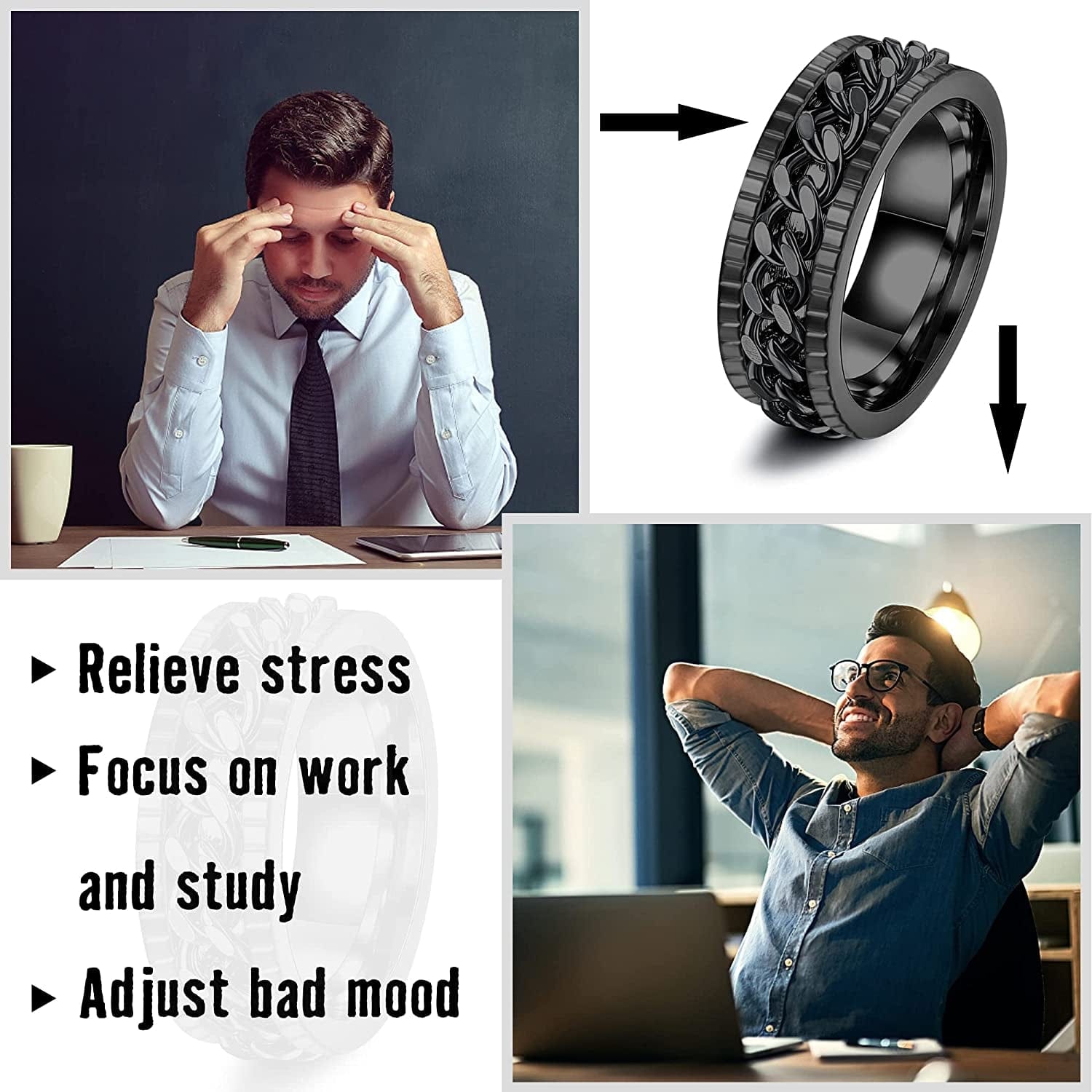 BESTEEL 16Pcs Stainless Steel Band Rings for Men Women Fidget Anxiety Relief Rings Cool Chain Beveled Edges Celtic Black Band Spinner Rings Set for Wedding Promise Mens Rings Pack