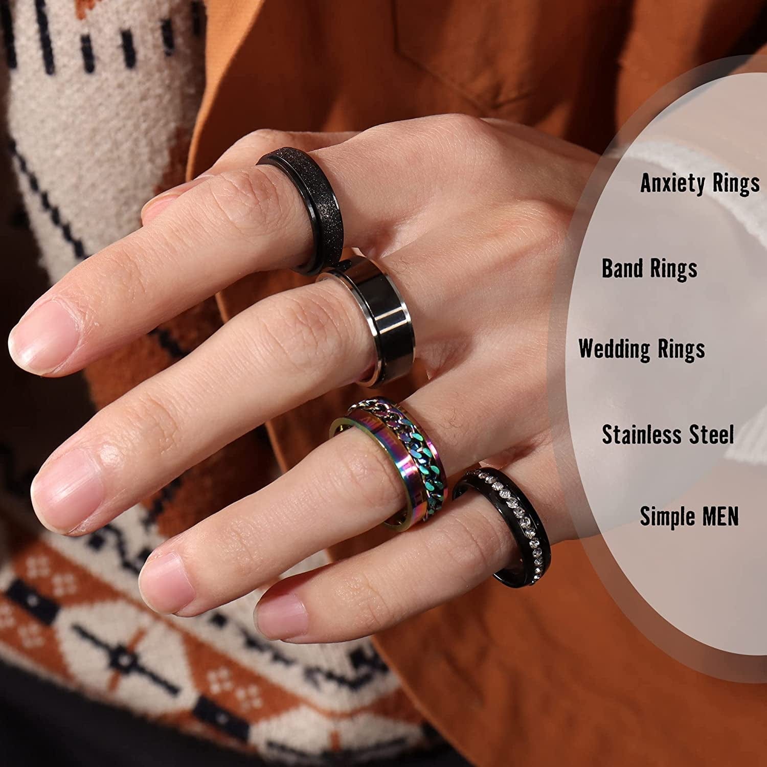 BESTEEL 16Pcs Stainless Steel Band Rings for Men Women Fidget Anxiety Relief Rings Cool Chain Beveled Edges Celtic Black Band Spinner Rings Set for Wedding Promise Mens Rings Pack