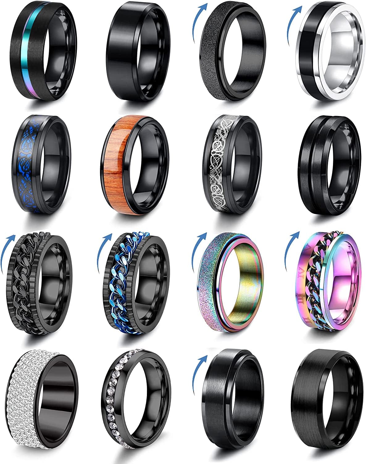 BESTEEL 16Pcs Stainless Steel Band Rings for Men Women Fidget Anxiety Relief Rings Cool Chain Beveled Edges Celtic Black Band Spinner Rings Set for Wedding Promise Mens Rings Pack 13