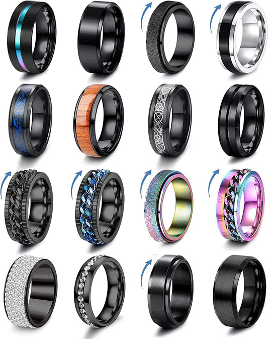 BESTEEL 16Pcs Stainless Steel Band Rings for Men Women Fidget Anxiety Relief Rings Cool Chain Beveled Edges Celtic Black Band Spinner Rings Set for Wedding Promise Mens Rings Pack 13
