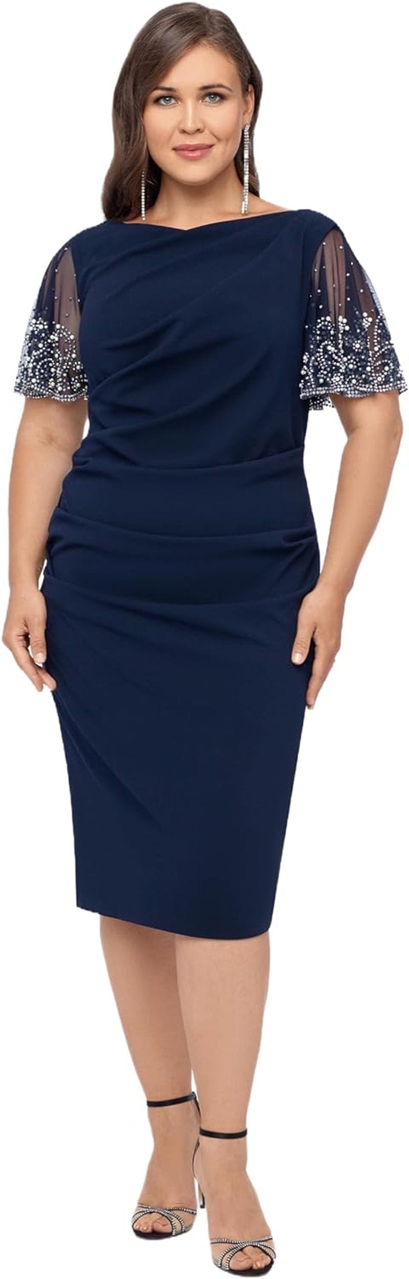 Betsy & Adam Women'S plus Size Midi Stretch Scuba Crepe with Beaded Sleeve Dress Navy/Silver / 20 Plus