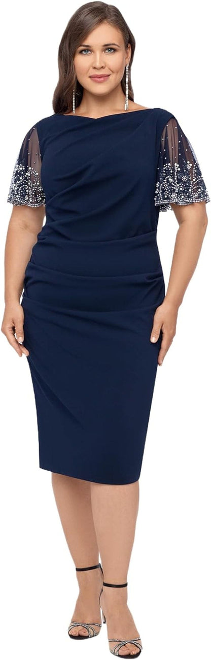 Betsy & Adam Women'S plus Size Midi Stretch Scuba Crepe with Beaded Sleeve Dress Navy/Silver / 20 Plus