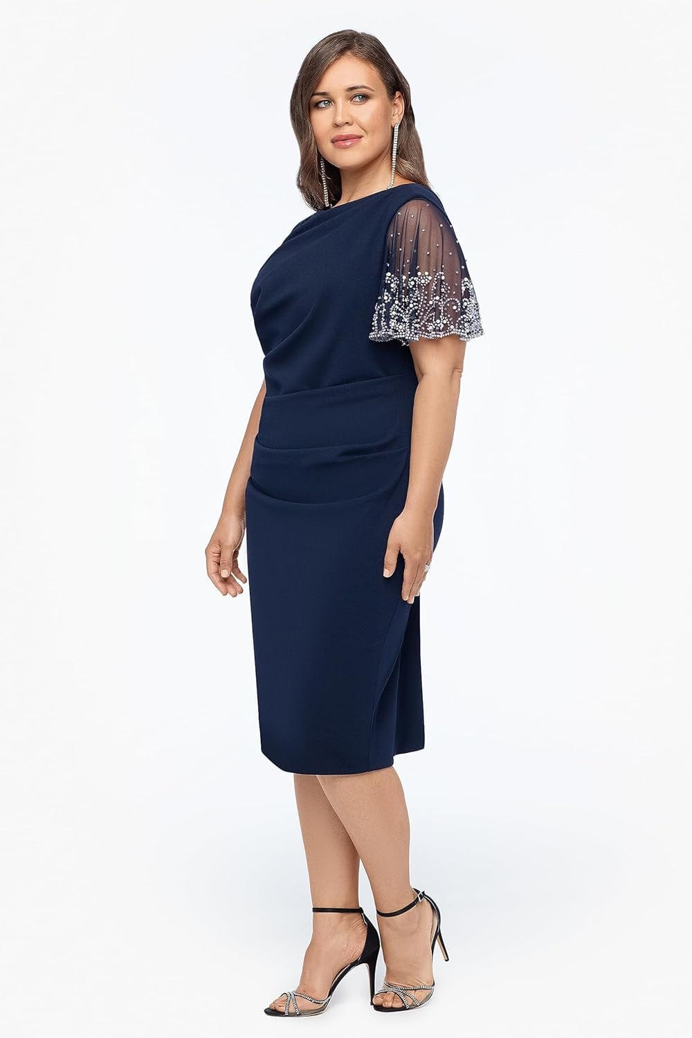 Betsy & Adam Women'S plus Size Midi Stretch Scuba Crepe with Beaded Sleeve Dress