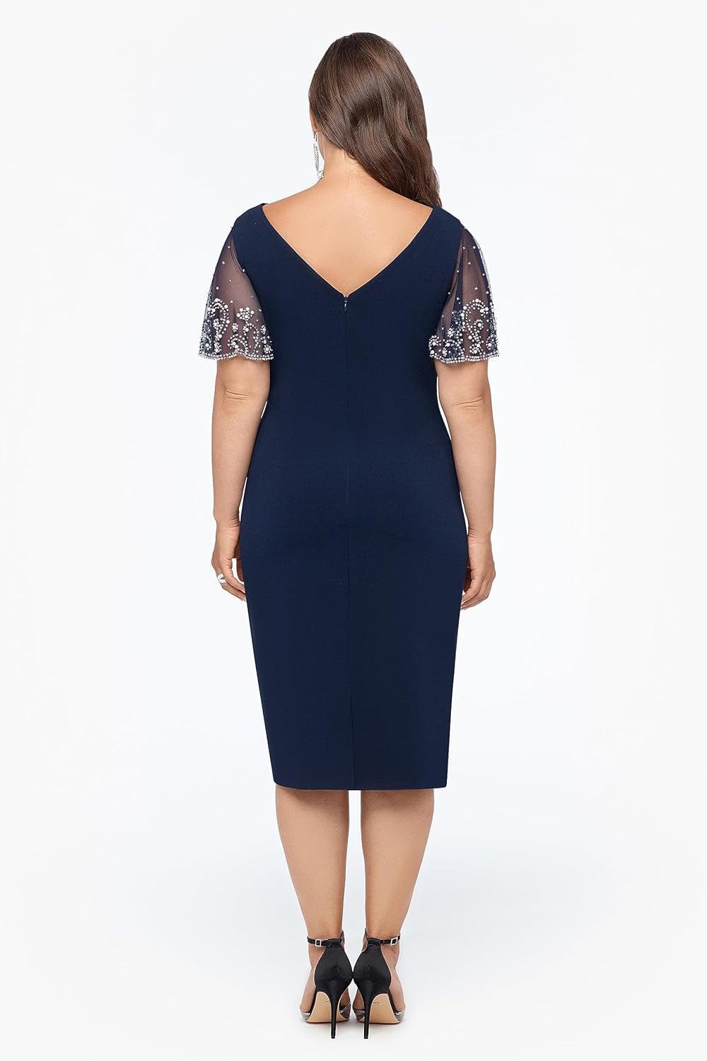 Betsy & Adam Women'S plus Size Midi Stretch Scuba Crepe with Beaded Sleeve Dress