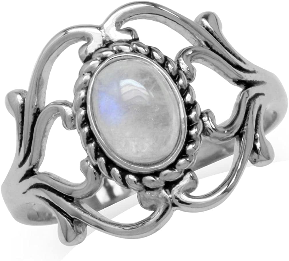 Bezel Set Cabochon Gemstone Surrounded by Twisted Rope White Gold Plated 925 Sterling Silver Victorian Style Ring 4 / natural moonstone - june birthstone