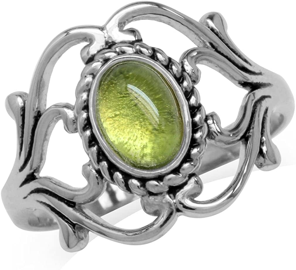 Bezel Set Cabochon Gemstone Surrounded by Twisted Rope White Gold Plated 925 Sterling Silver Victorian Style Ring 4.25 / peridot