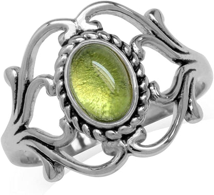 Bezel Set Cabochon Gemstone Surrounded by Twisted Rope White Gold Plated 925 Sterling Silver Victorian Style Ring 4.25 / peridot