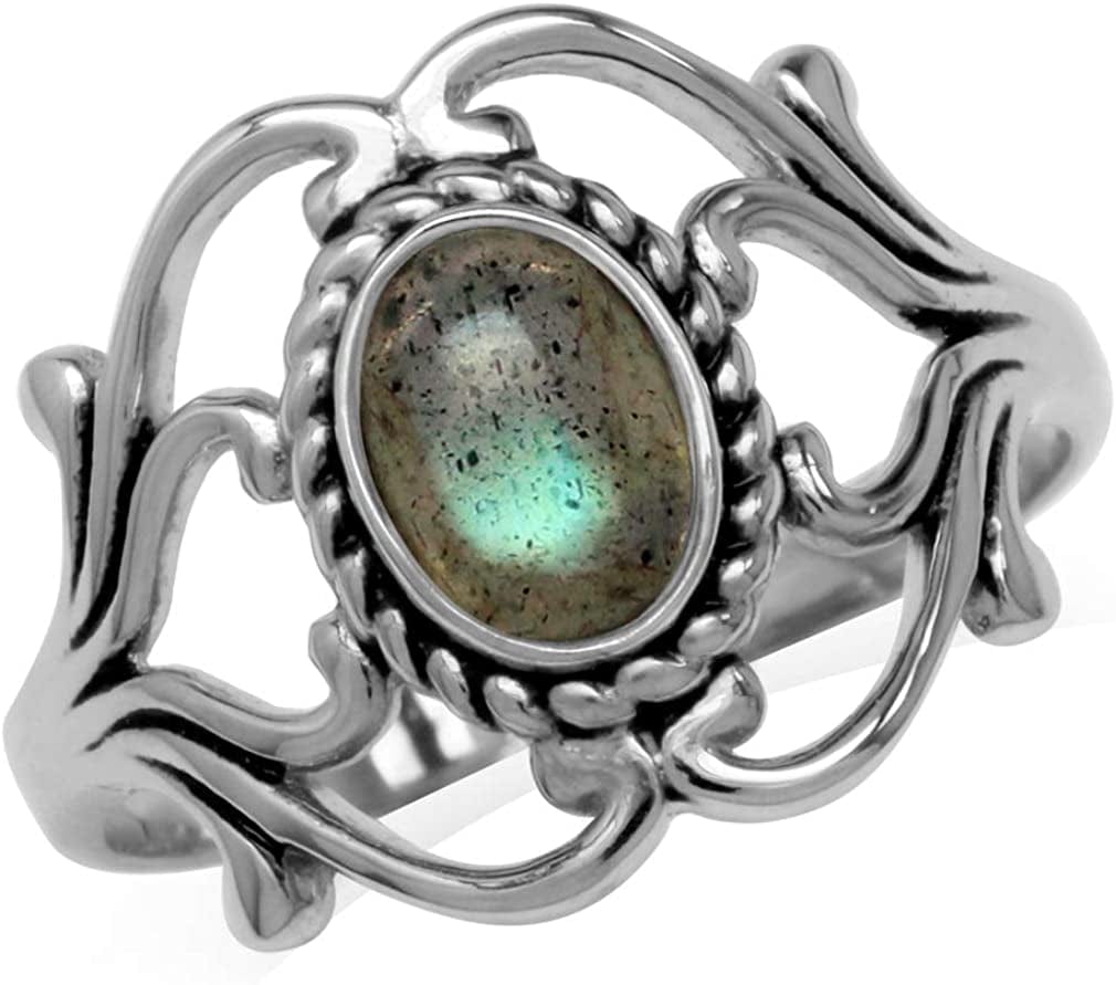Bezel Set Cabochon Gemstone Surrounded by Twisted Rope White Gold Plated 925 Sterling Silver Victorian Style Ring 4.25 / labradorite