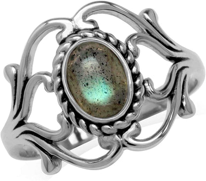 Bezel Set Cabochon Gemstone Surrounded by Twisted Rope White Gold Plated 925 Sterling Silver Victorian Style Ring 4.25 / labradorite