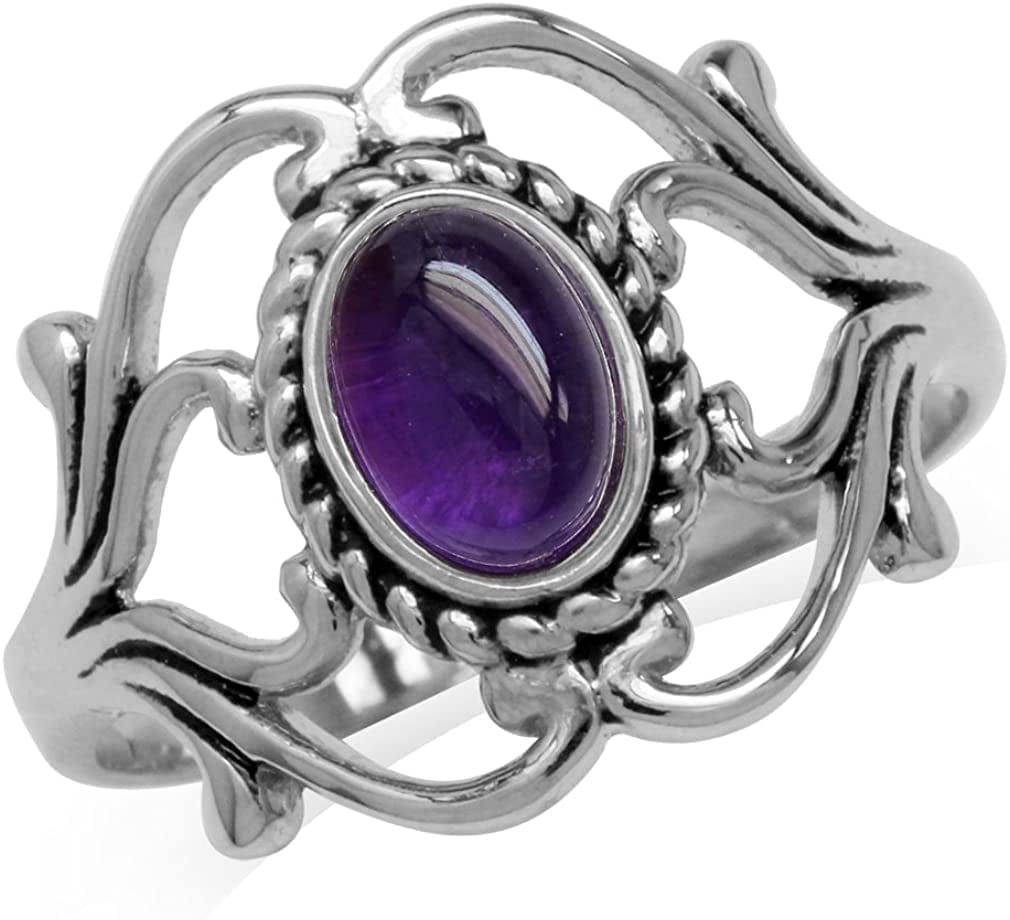 Bezel Set Cabochon Gemstone Surrounded by Twisted Rope White Gold Plated 925 Sterling Silver Victorian Style Ring 4.25 / amethyst