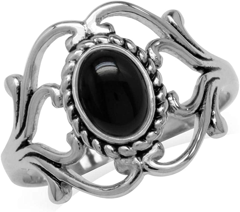 Bezel Set Cabochon Gemstone Surrounded by Twisted Rope White Gold Plated 925 Sterling Silver Victorian Style Ring 7 / Onyx